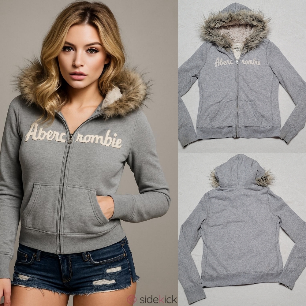 Y2K Vintage Abercrombie & Fitch Holy Grail Gray Fur Lined Hooded Zip-Up Hoodie L